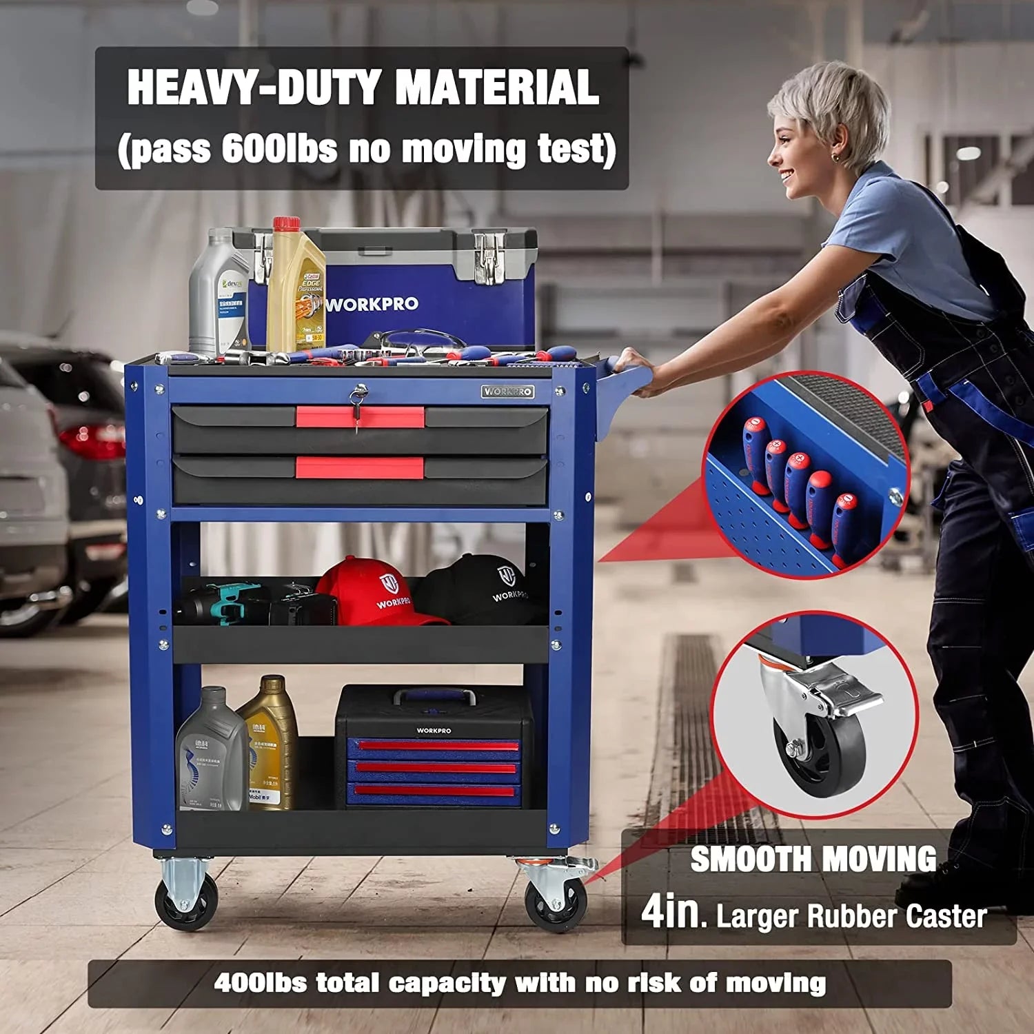 Organizer Duty lbs System, Wheels Cart, Workshop, Tool and Heavy 400 Service Cart with Utility 28" Mechanic, Premium Industrial Storage Load Locking Warehouse, WORKPRO Rolling for 2-Drawer Garage,