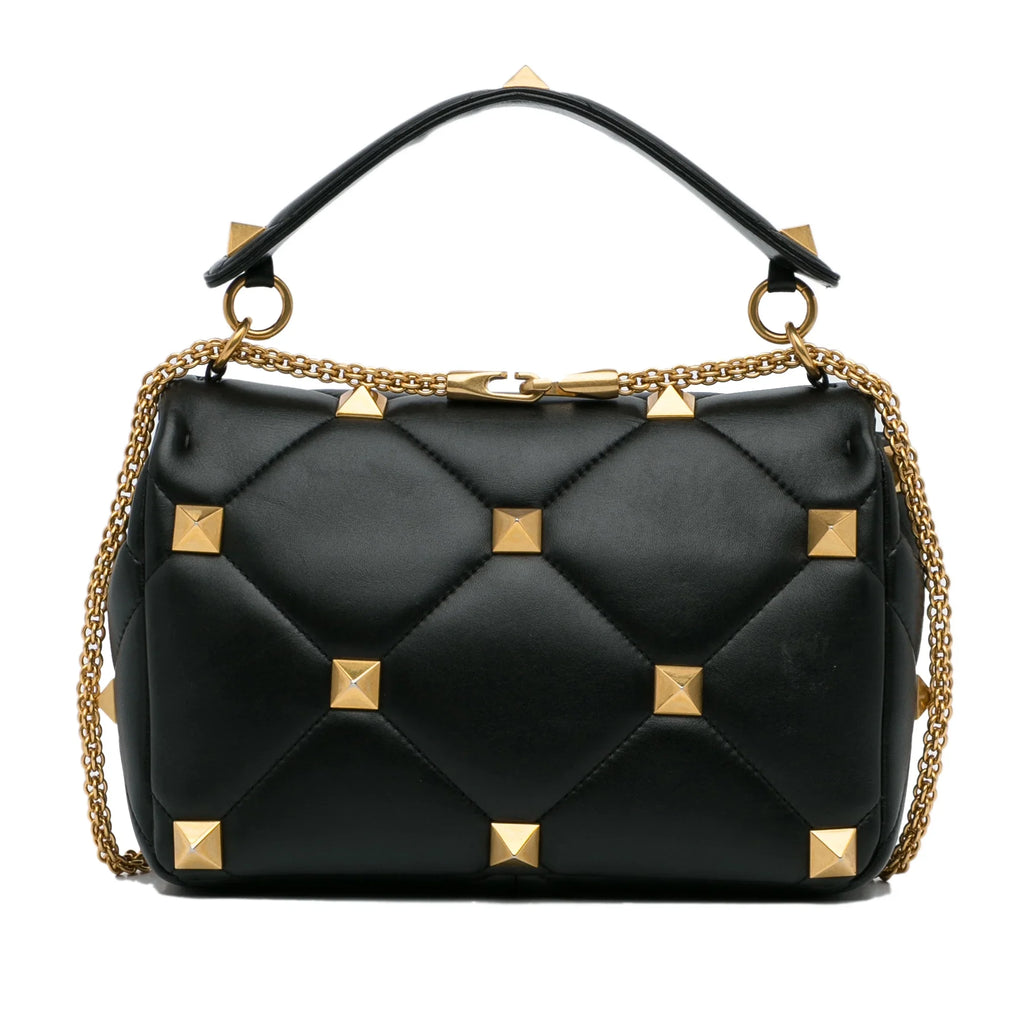 Medium Calf Stud Pre-Owned Satchel Unisex (Good) Black Authenticated Roman Valentino Leather