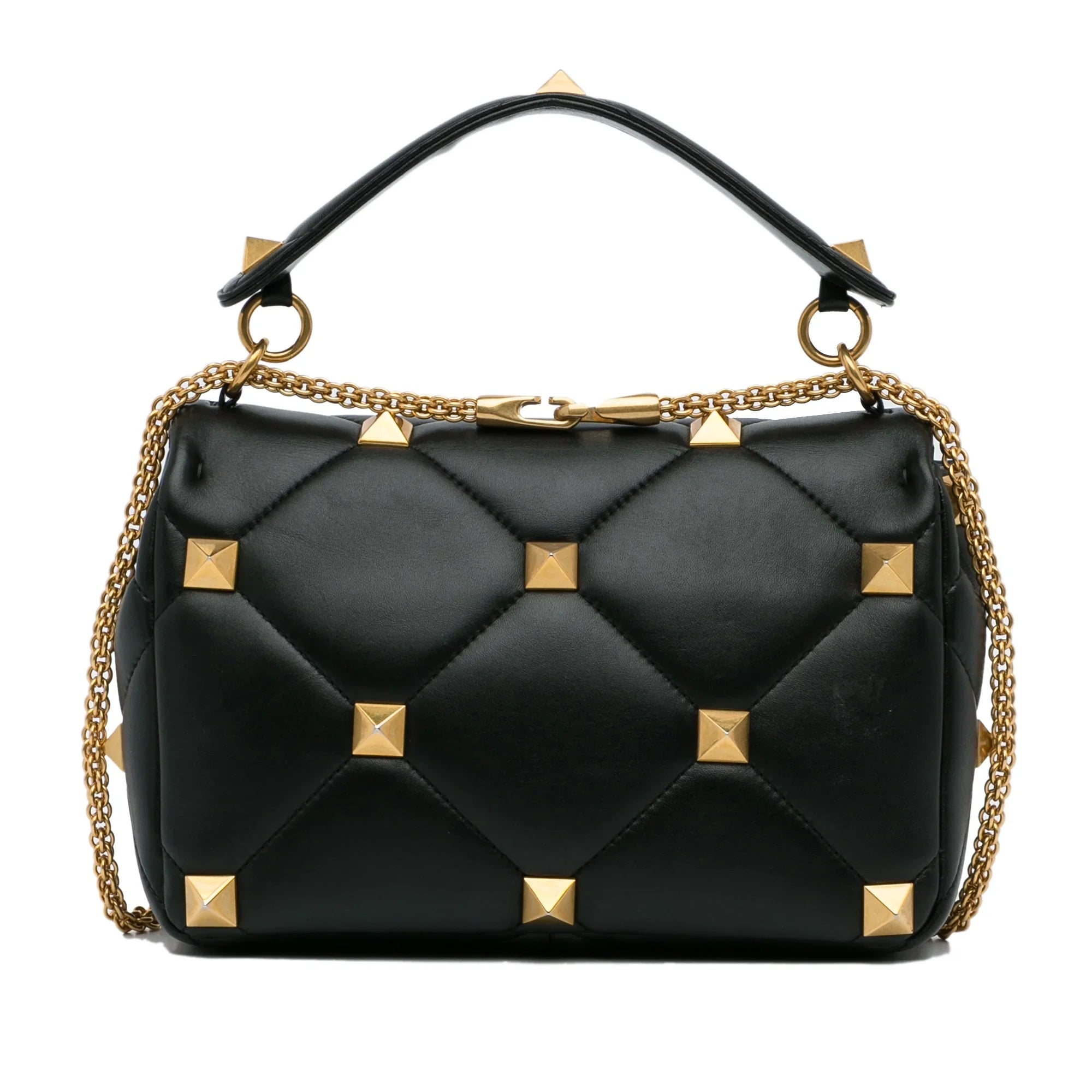 Medium Calf Stud Pre-Owned Satchel Unisex (Good) Black Authenticated Roman Valentino Leather