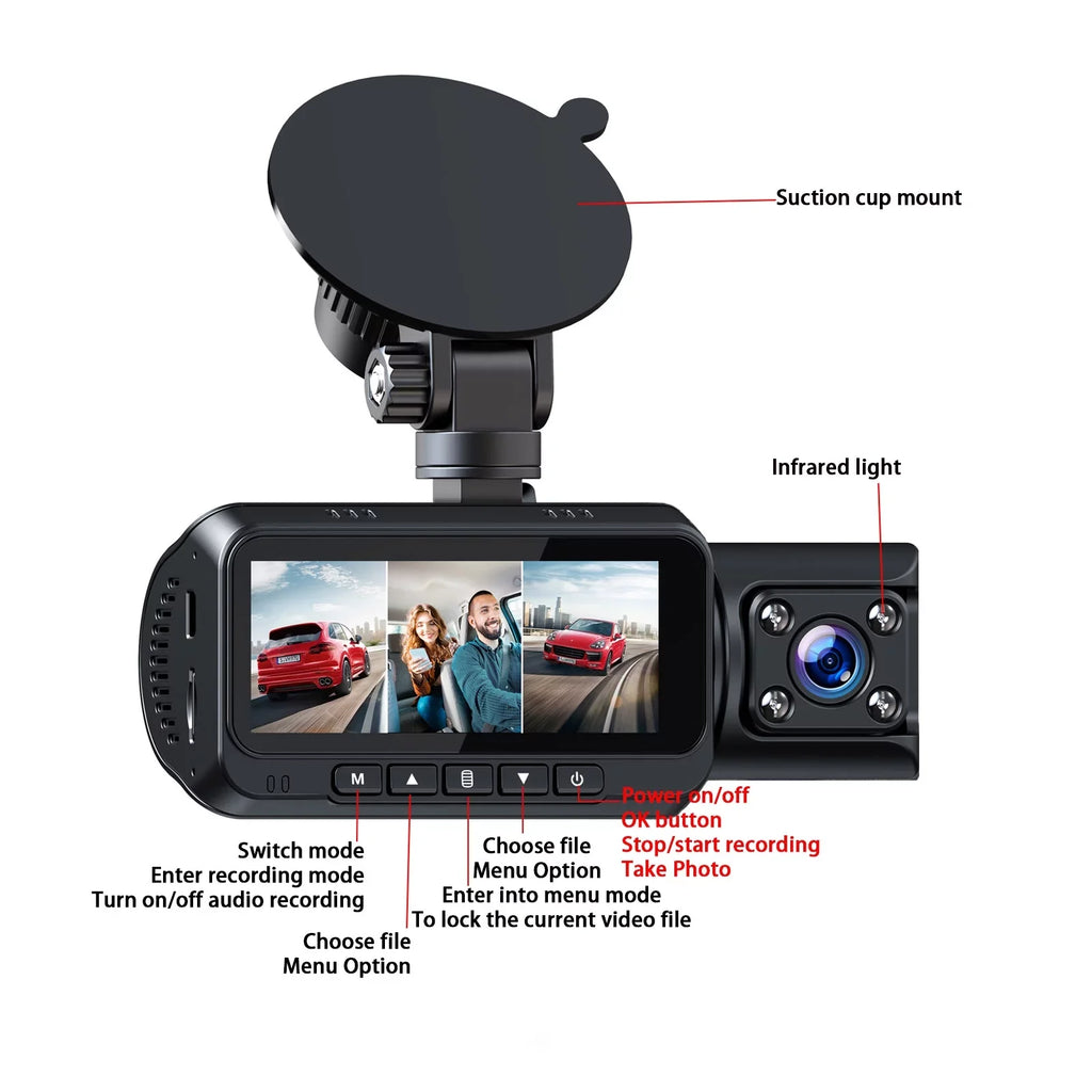 Loop with Rear Dash Rear Vision, Night and GPS, Inside Car Dash IR Parking Camera 3 Channel Front Cam Motion TOGUARD Camera Monitor, 4K Recording, G-sensor, Detection Front