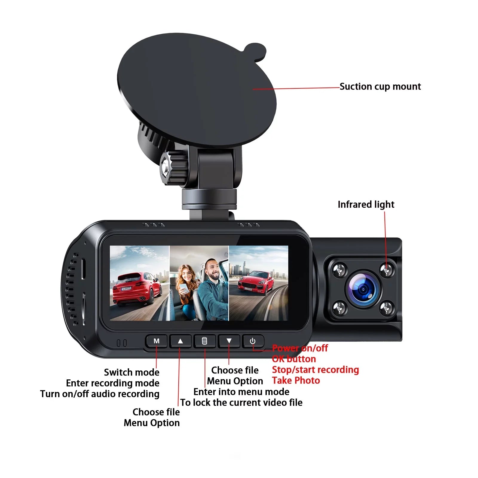 Loop with Rear Dash Rear Vision, Night and GPS, Inside Car Dash IR Parking Camera 3 Channel Front Cam Motion TOGUARD Camera Monitor, 4K Recording, G-sensor, Detection Front