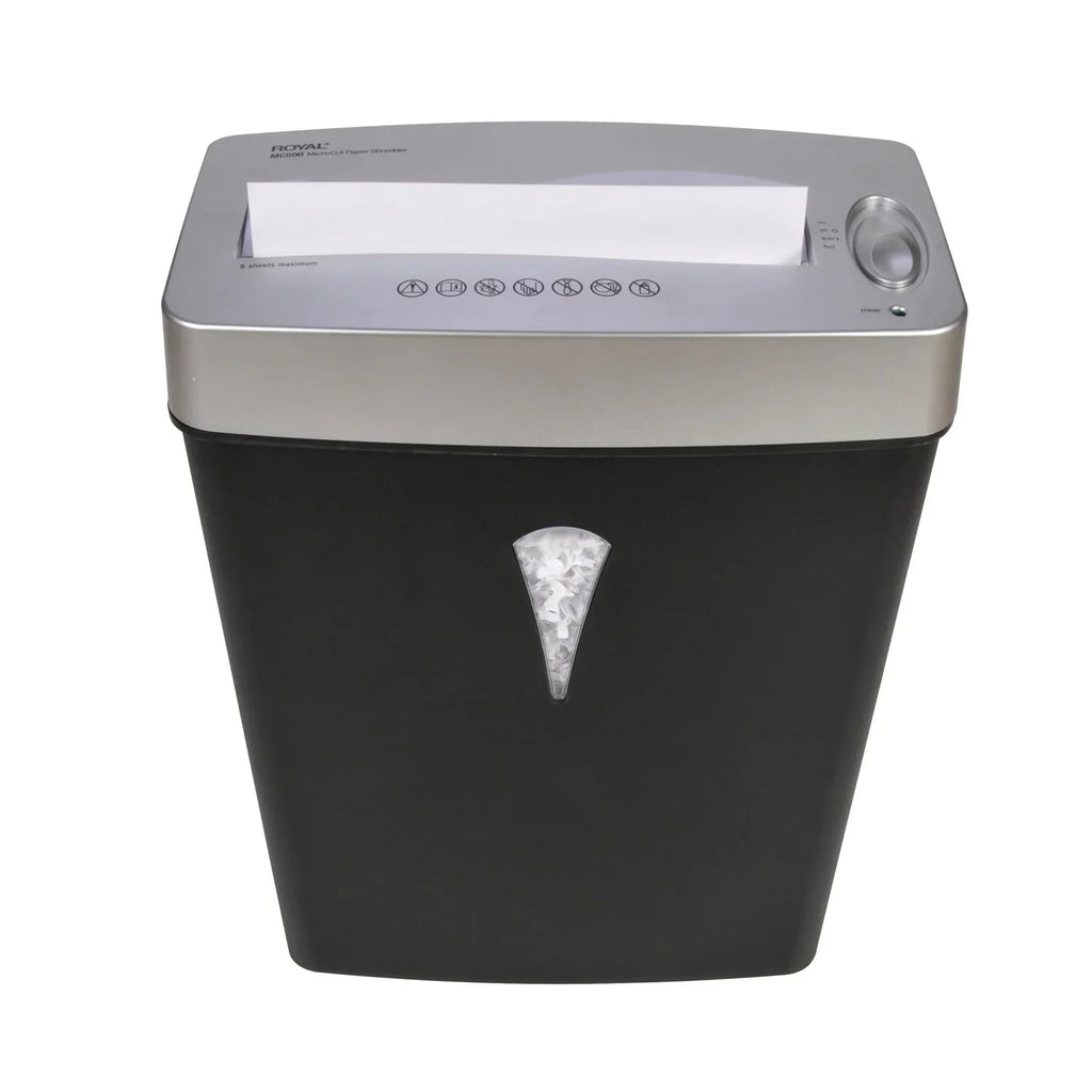 for Pass - Black, - gal 5 Shred Silver Capacity Credit - - Per 4 MC500 x shredding - Card Size - Royal Paper Wastebin Paper, Cut 0.394" 0.157" Micro Shredder