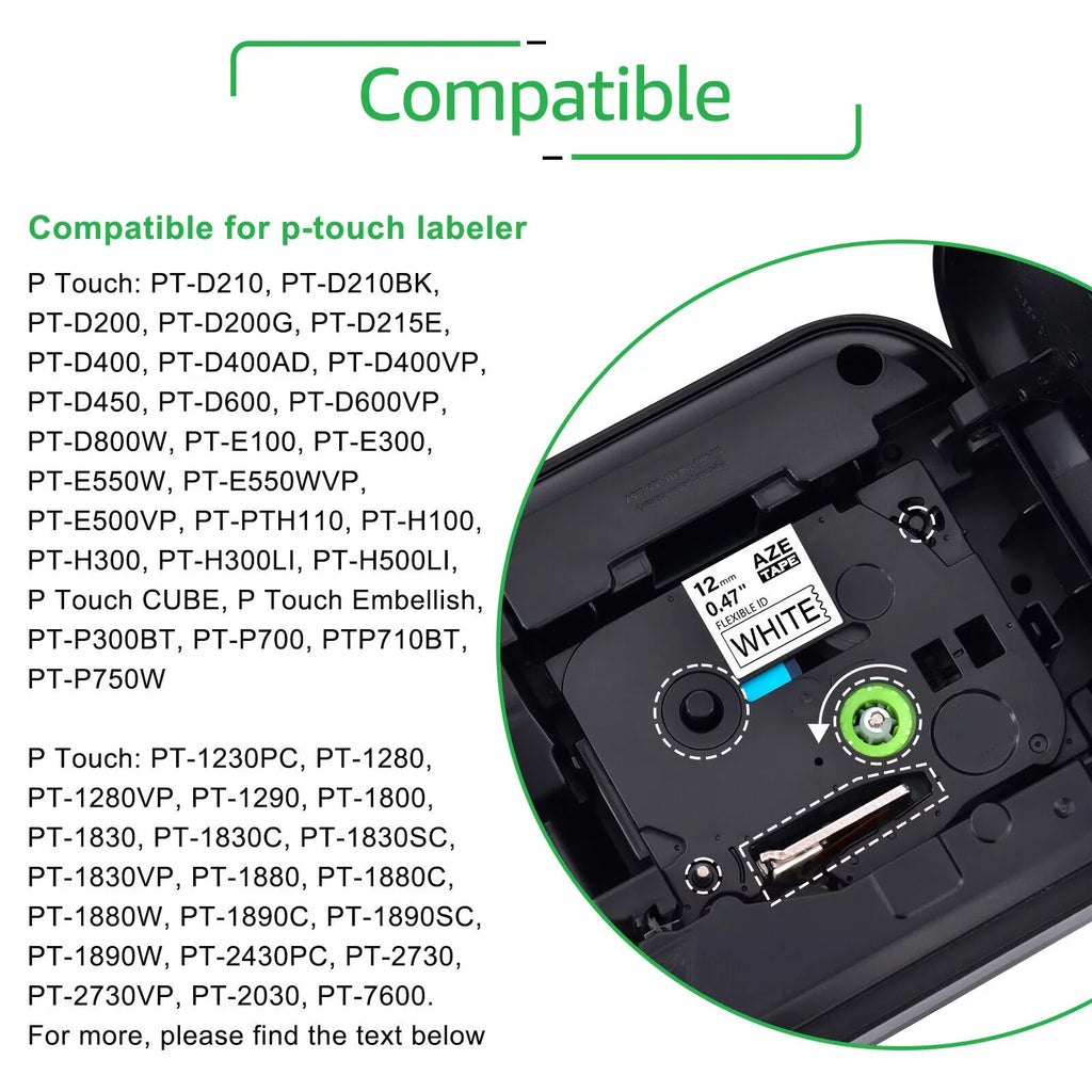 Tape 12mm Brother TZe for TZ TZ-FX231 x P-touch TZe-231 GREENCYCLE Wire ID White Black Compatible TZe-FX231 8m Label 50PK TZ-231 Flexible on Cable