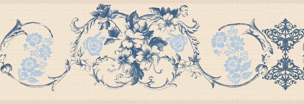 Adhesive Wall in, 7 Vines Self Border Stick 15 Design, Dundee Peel Flowers ft Blue Scrolls Retro Wallpaper Border Deco's Damask - x and