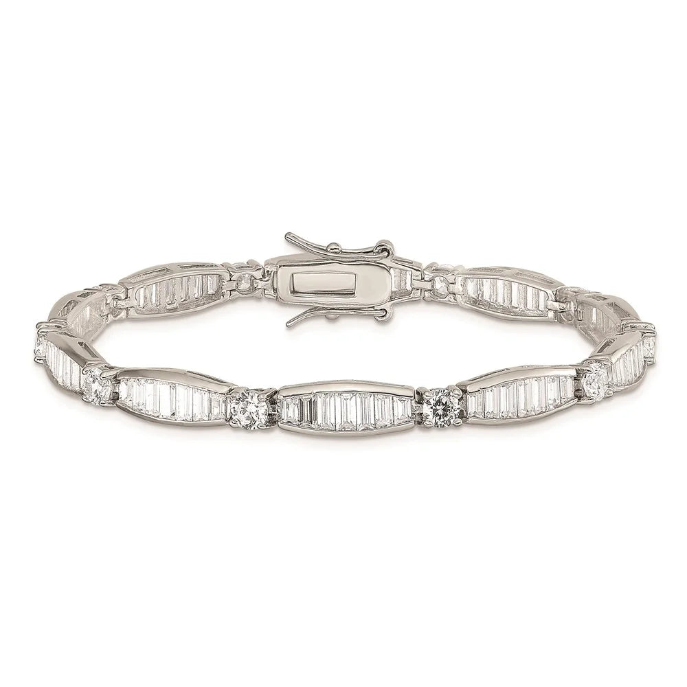 Sterling QQX400CZ Rhodium-plated Silver Baguette CZ Bracelet Round and