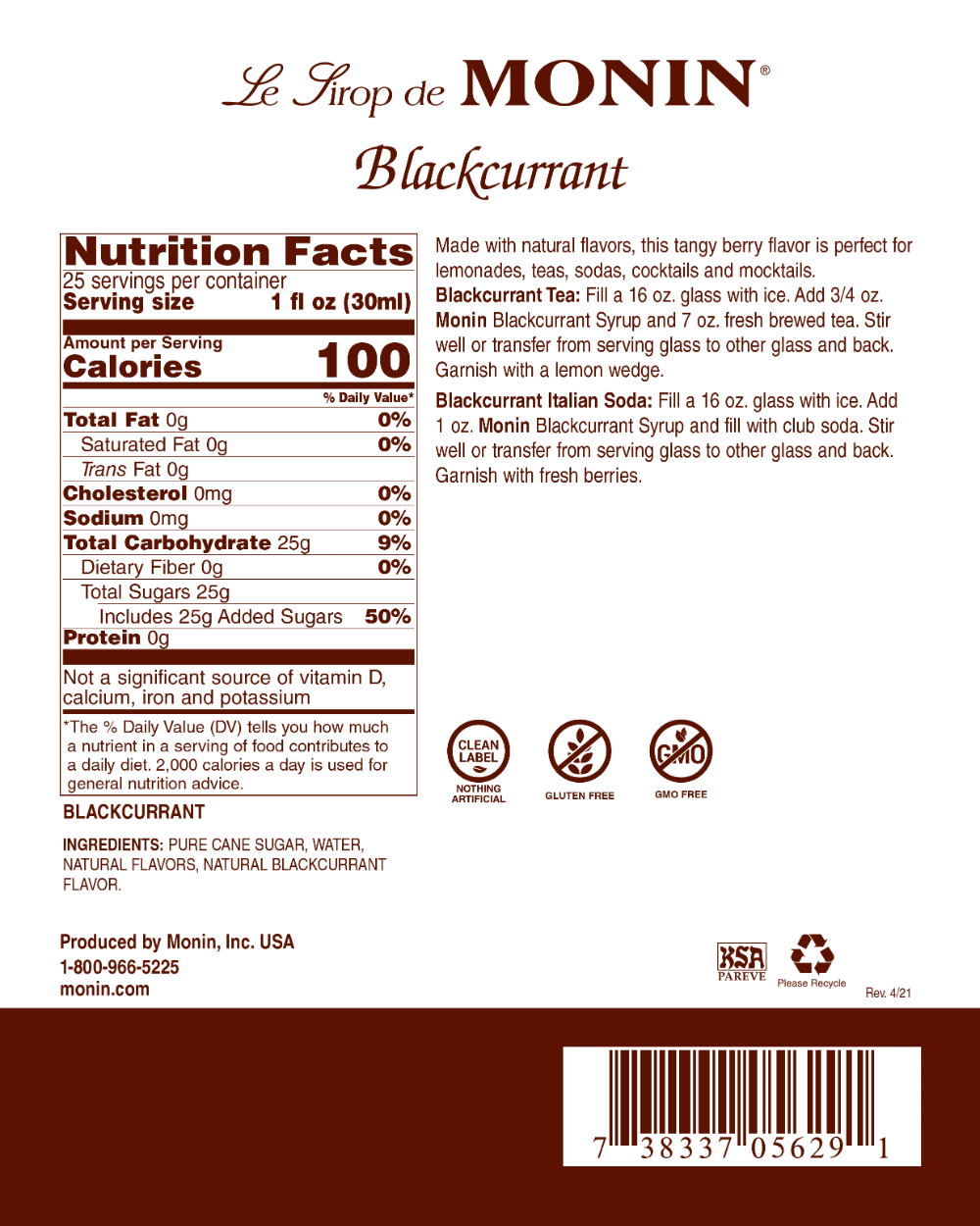 (750ml) Syrup - Monin Gourmet Blackcurrant