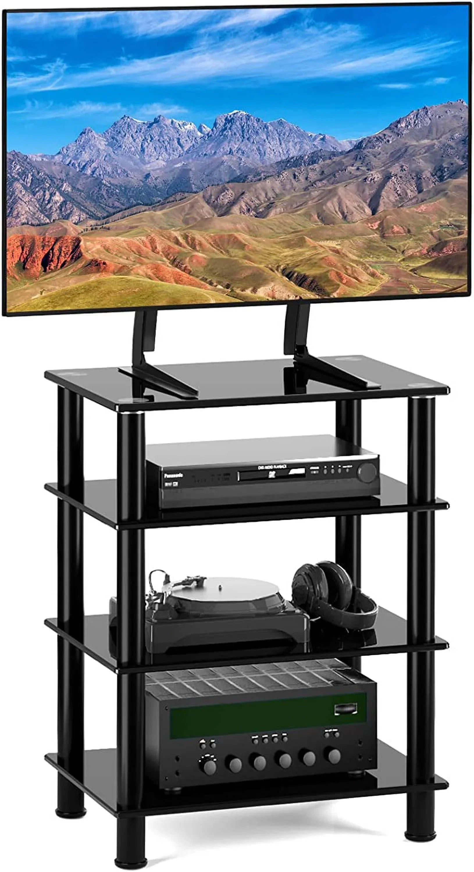 Compontent Tempered Media Shevles TV, Gaming Video Consoles, 4-Tiers Component, Tower Device Stand for TV Glass Media Streaming