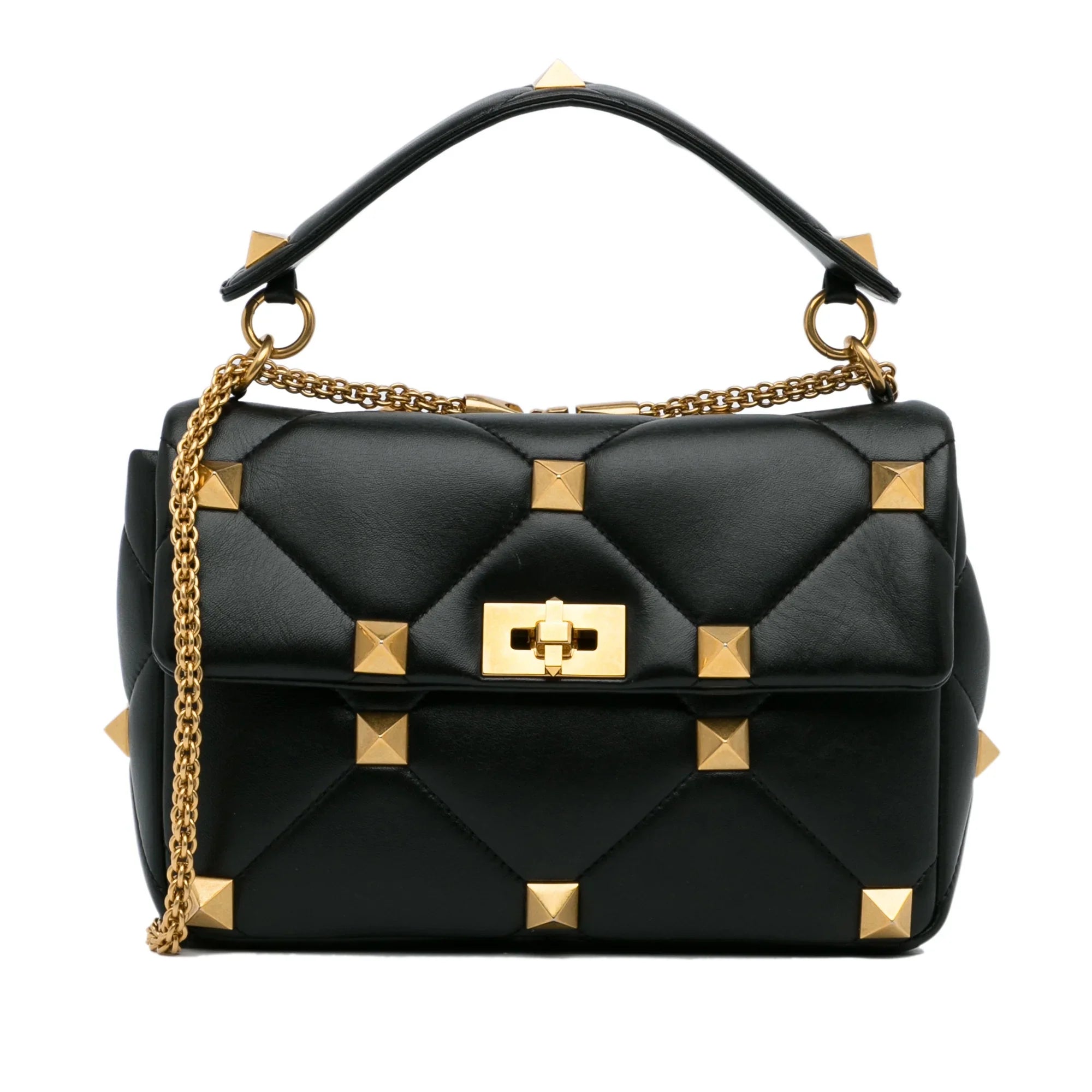 Medium Calf Stud Pre-Owned Satchel Unisex (Good) Black Authenticated Roman Valentino Leather