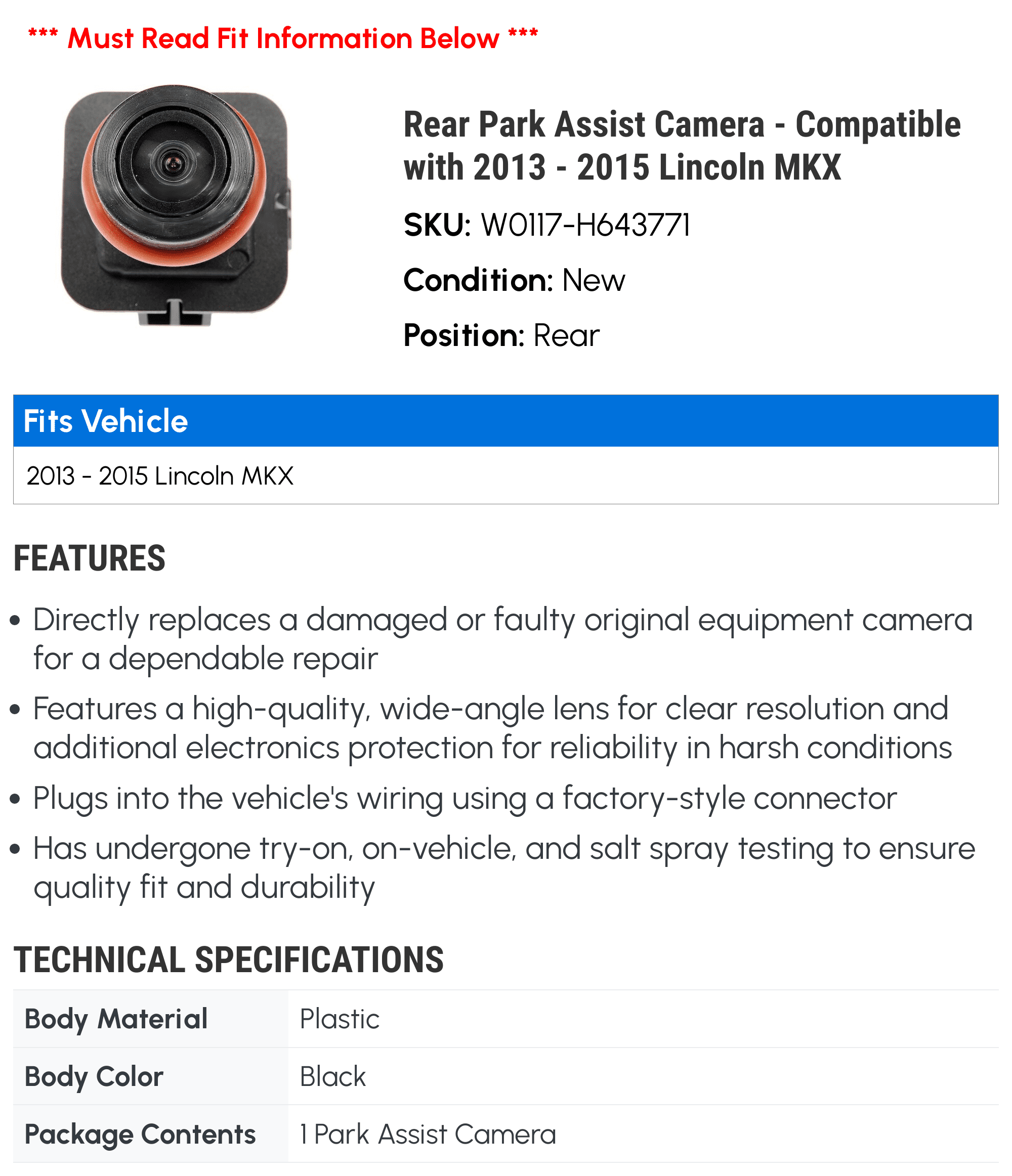 '- - Compatible Park Camera 2015 Assist Lincoln 2013 2014 with Rear MKX