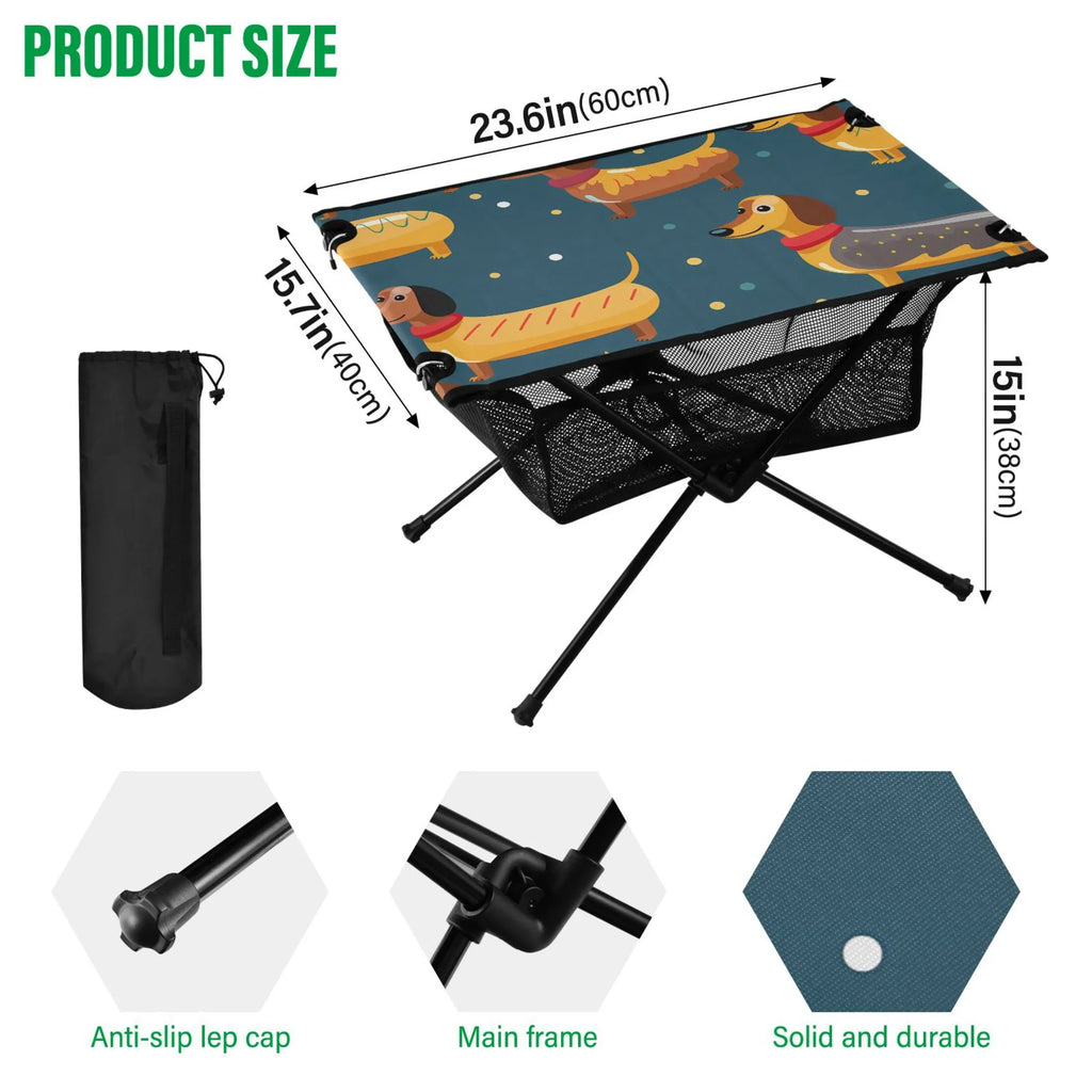 Fishing Camping Table Compact Cartoon Travel Table Dogs Table Outdoor Beach with Storage Portable Picnic Dachshund for Folding BBQ Bag
