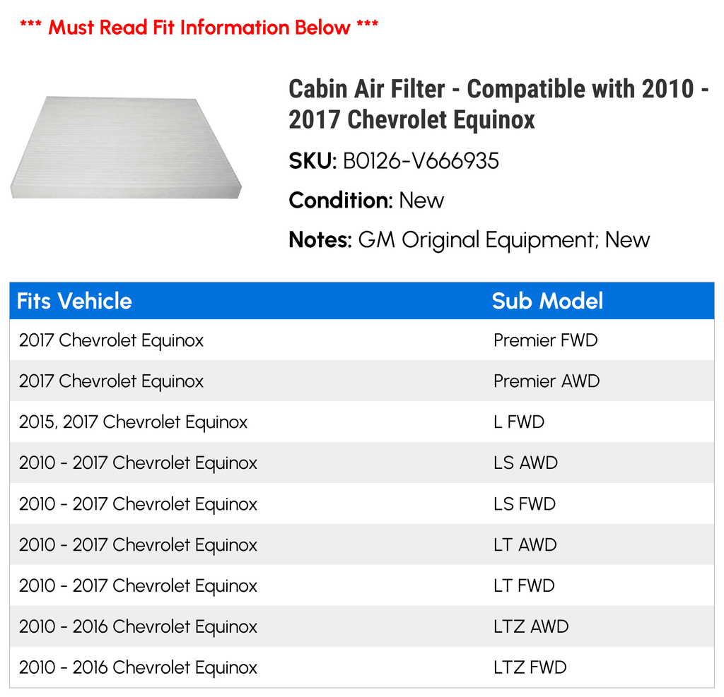 Chevy 2015 2017 2014 Filter Equinox 2013 2016 2011 2012 Air Cabin Compatible 2010 - - with