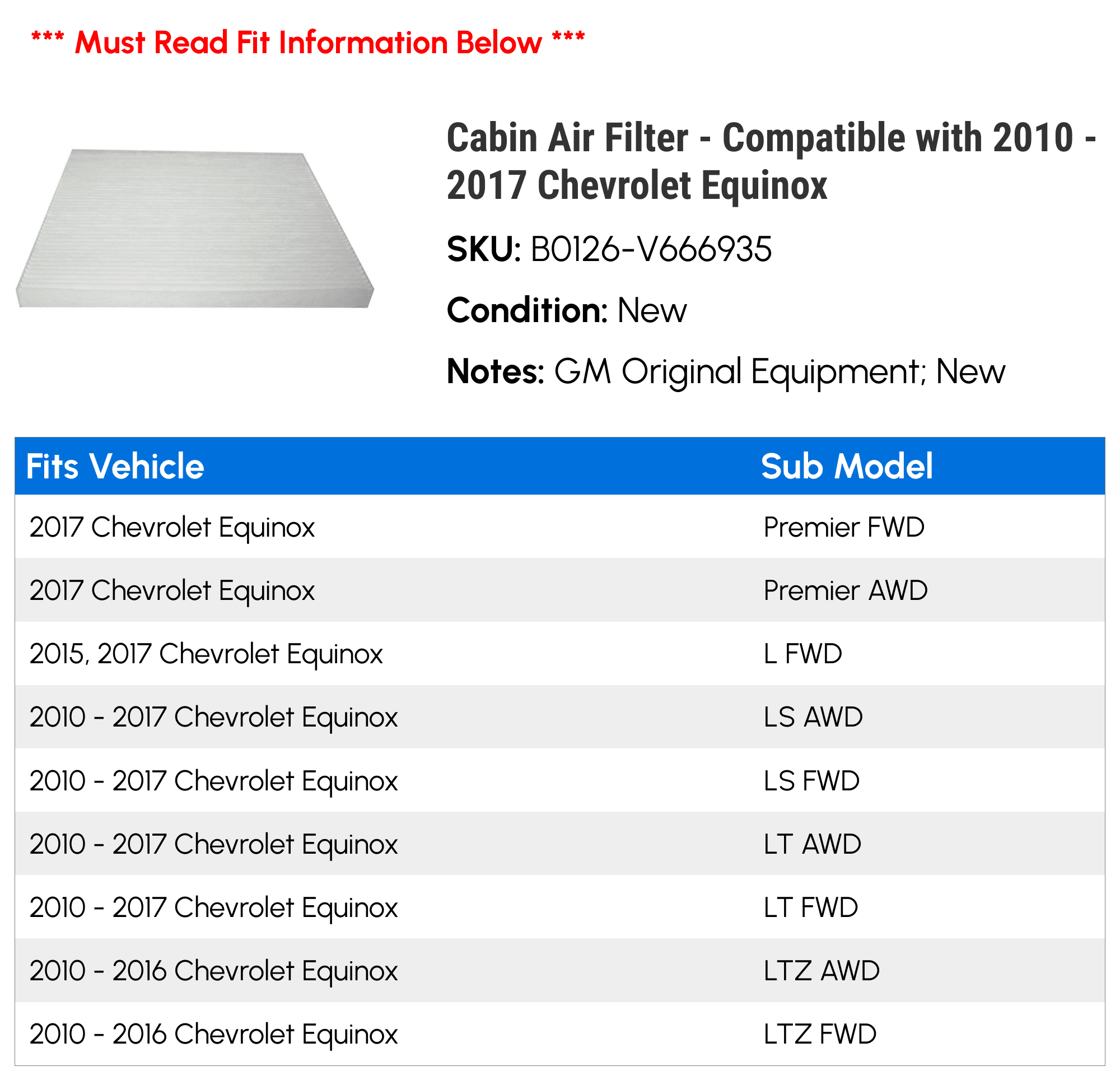 Chevy 2015 2017 2014 Filter Equinox 2013 2016 2011 2012 Air Cabin Compatible 2010 - - with