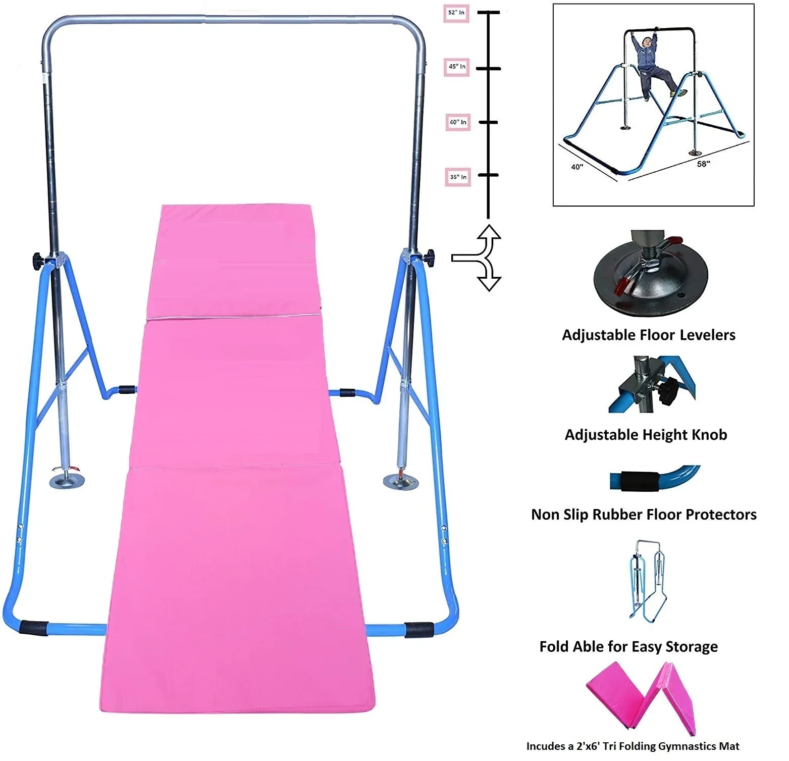 Bars Bar Gymnastics Kip Kip Kids Monkey Blue Tower Height for Climbing Horizontal Adjustable Bar Folding Training Gymnastic with Expandable Bar Fitness Mat