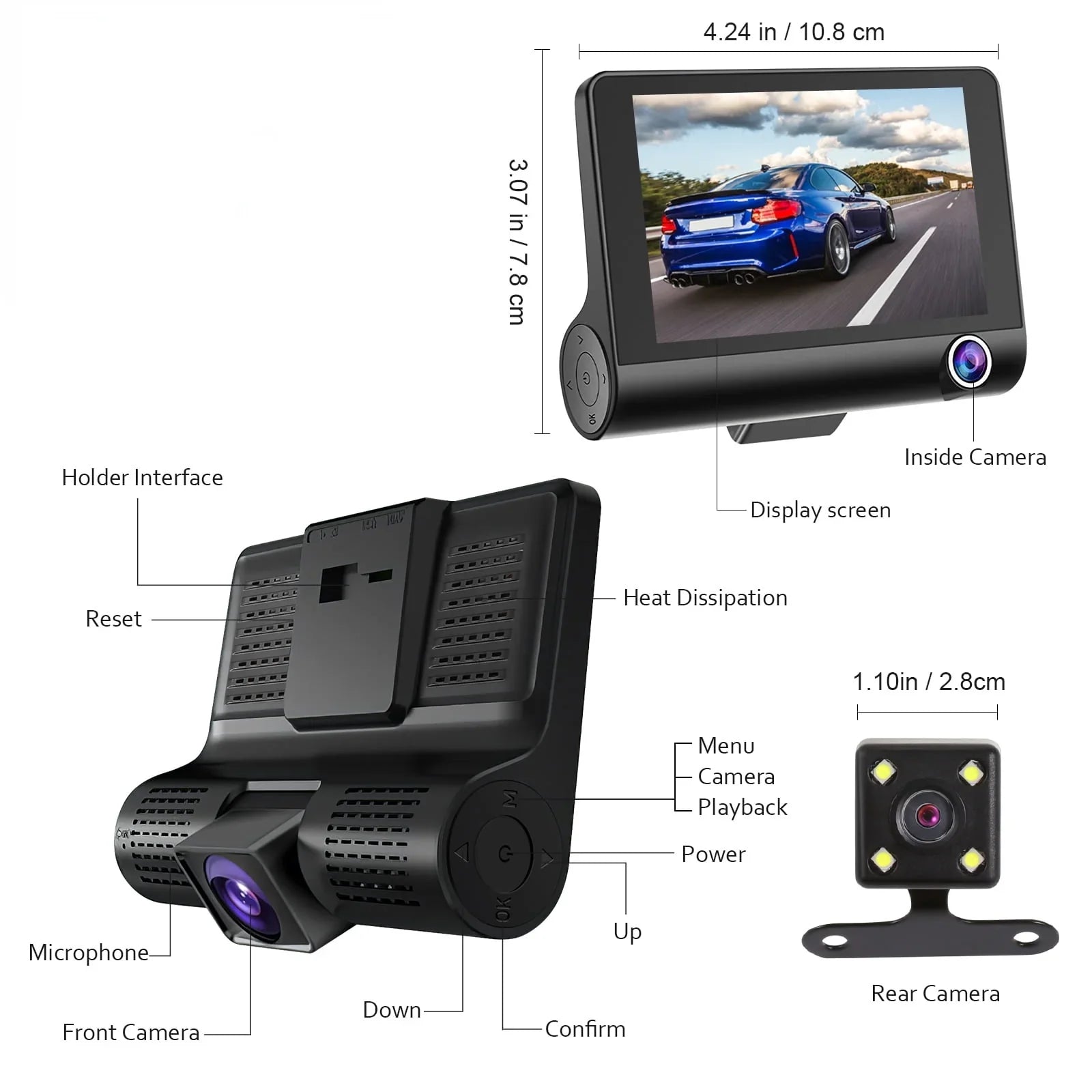 Cheefull Loop Vision 4 Wide Night Camera Backup Angle Angle Cameras Cam 3 Recording Car Dash Recorder Wide Inch Driving