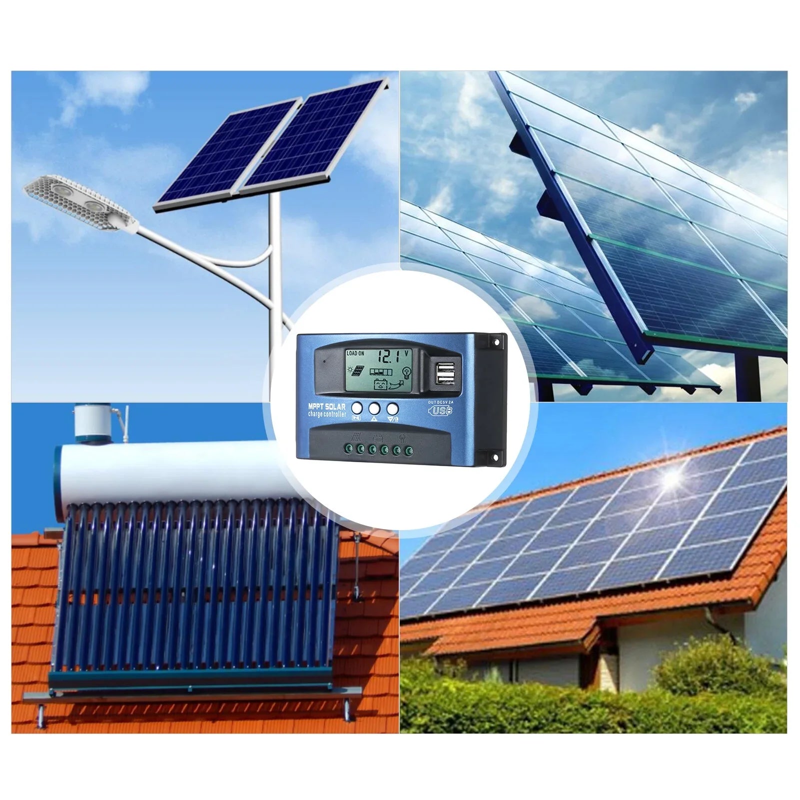 MPPT Controller USB Solar Controller MPPT USB Output LCD Solar Identification 12V/24V Charge Dual 5V/2A Smart Dual Automatic Tracking Screen