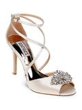 Ankle Tatum Dress Sandal 10 Stiletto Womens Footbed Strap Buckle BADGLEY Gladiator Embellished MISCHKA Cushioned Dustbag Heeled Beige Ivory Toe Satin Open