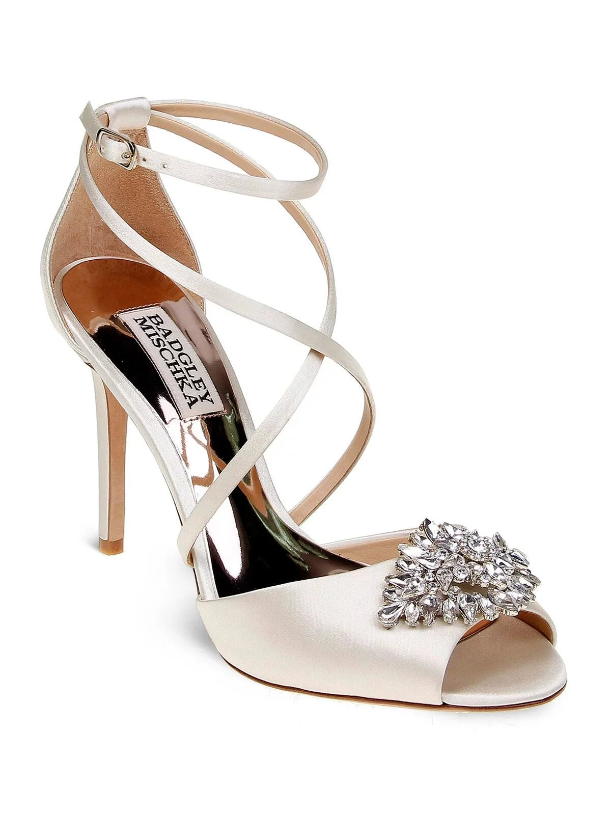 Ankle Tatum Dress Sandal 10 Stiletto Womens Footbed Strap Buckle BADGLEY Gladiator Embellished MISCHKA Cushioned Dustbag Heeled Beige Ivory Toe Satin Open