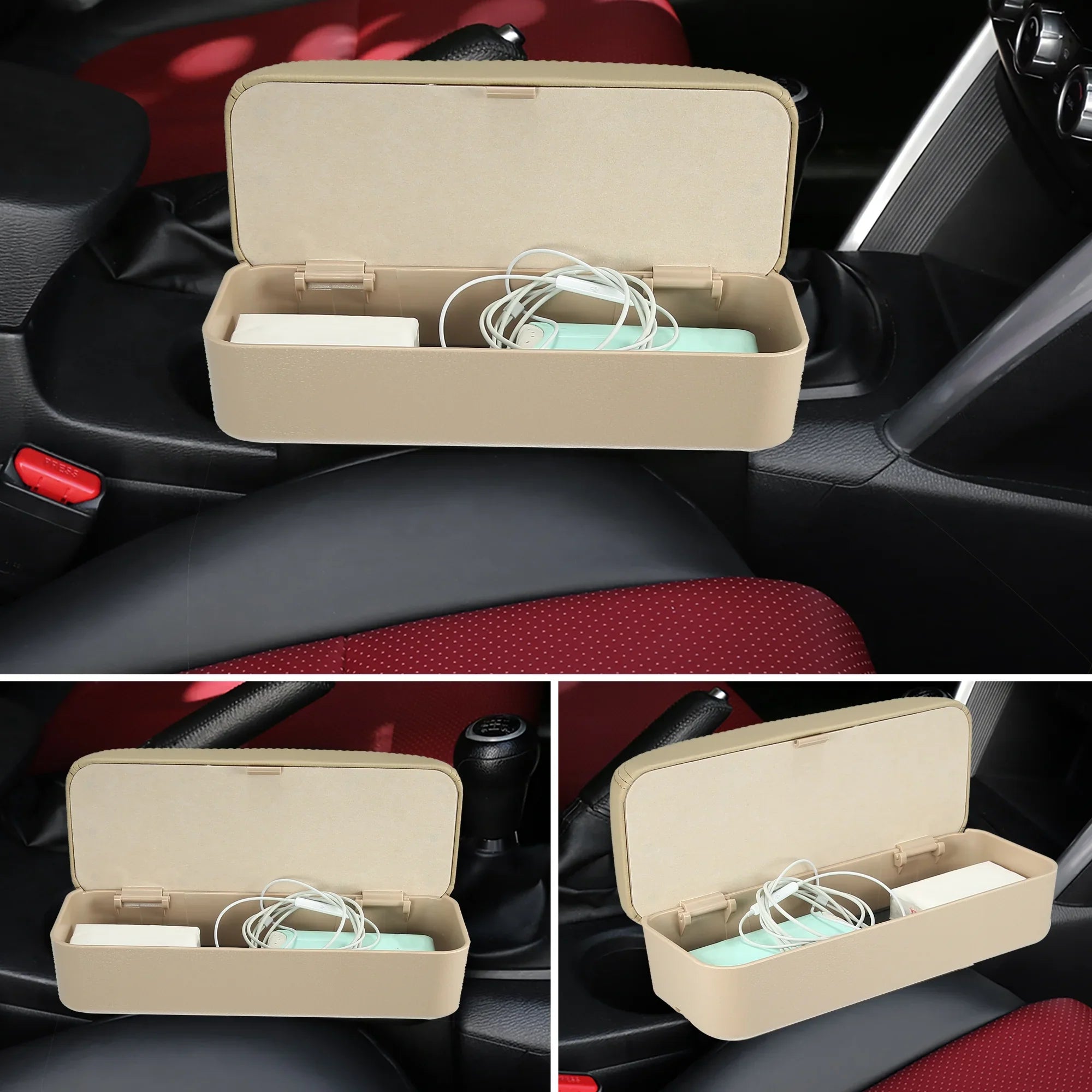 PU Beige Organizer Box Armrest Gap Car Center Extender Armrest Leather Seat Adjustable Armrest Storage Box