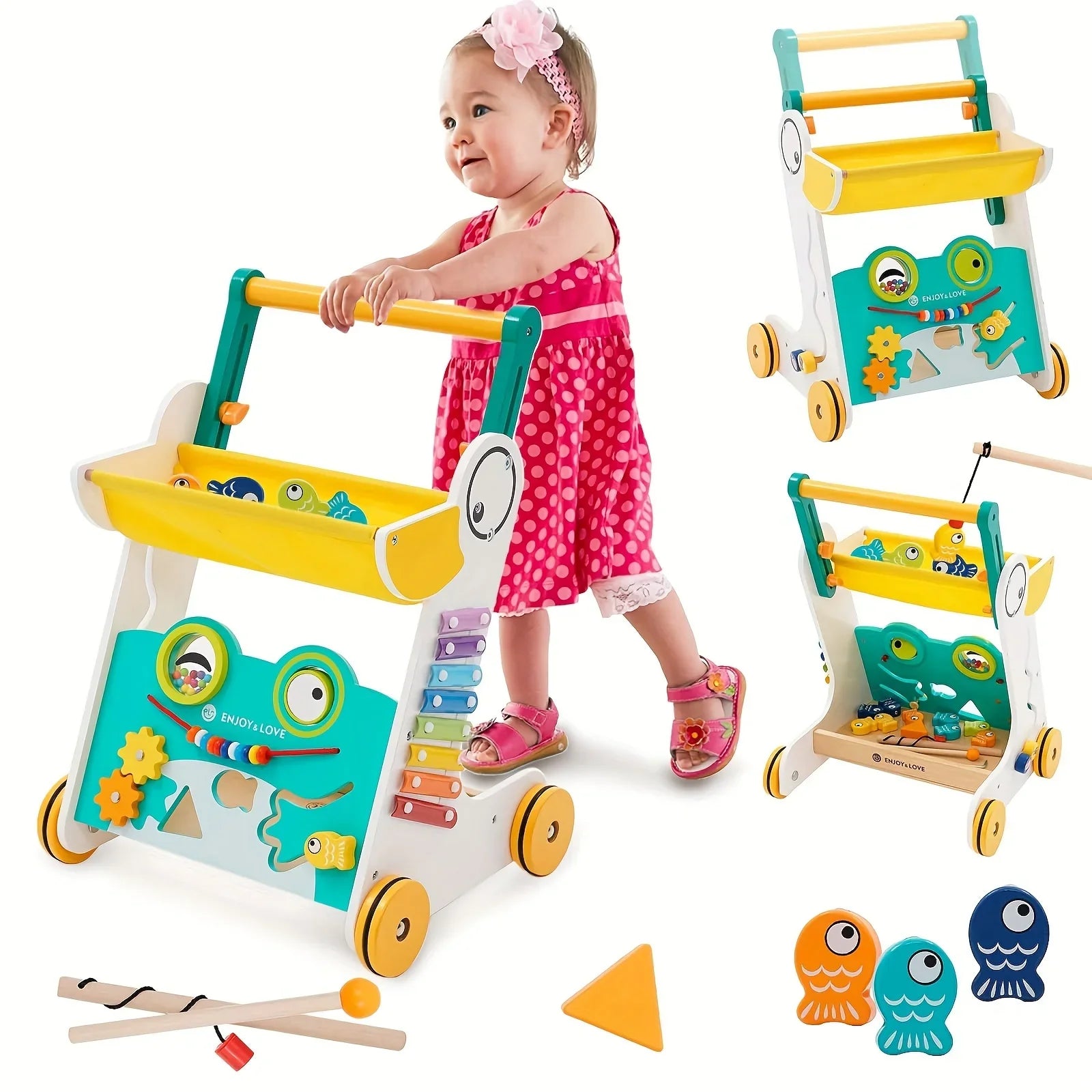 Sorter Multiple Toddler with Fishing Sit-to-Stand Learning Infants for Baby Shape Xylophone Boys Center Entertainment Toy Baby Along Girls Kids Activity Walker Trolley Push Walker Wooden Push