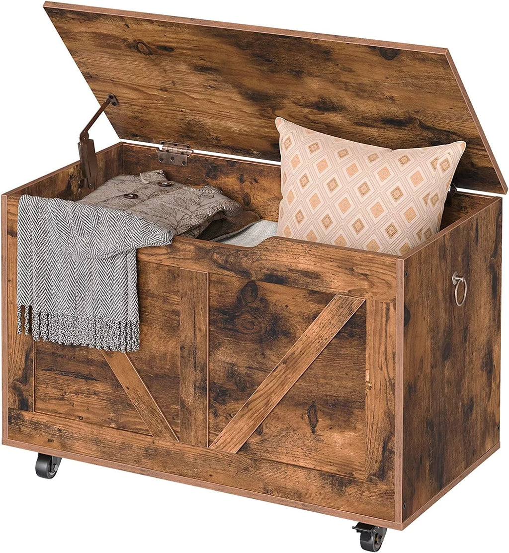 220 Rustic Trunk Brown Bench, Chest, Storage Wooden Hinge, Supports Shoe Opening, U-Shaped Easy Storage Sturdy FG74CW01 Wheels, Movable, Bench Bench, lb, Entryway Assembly, Storage on Safety