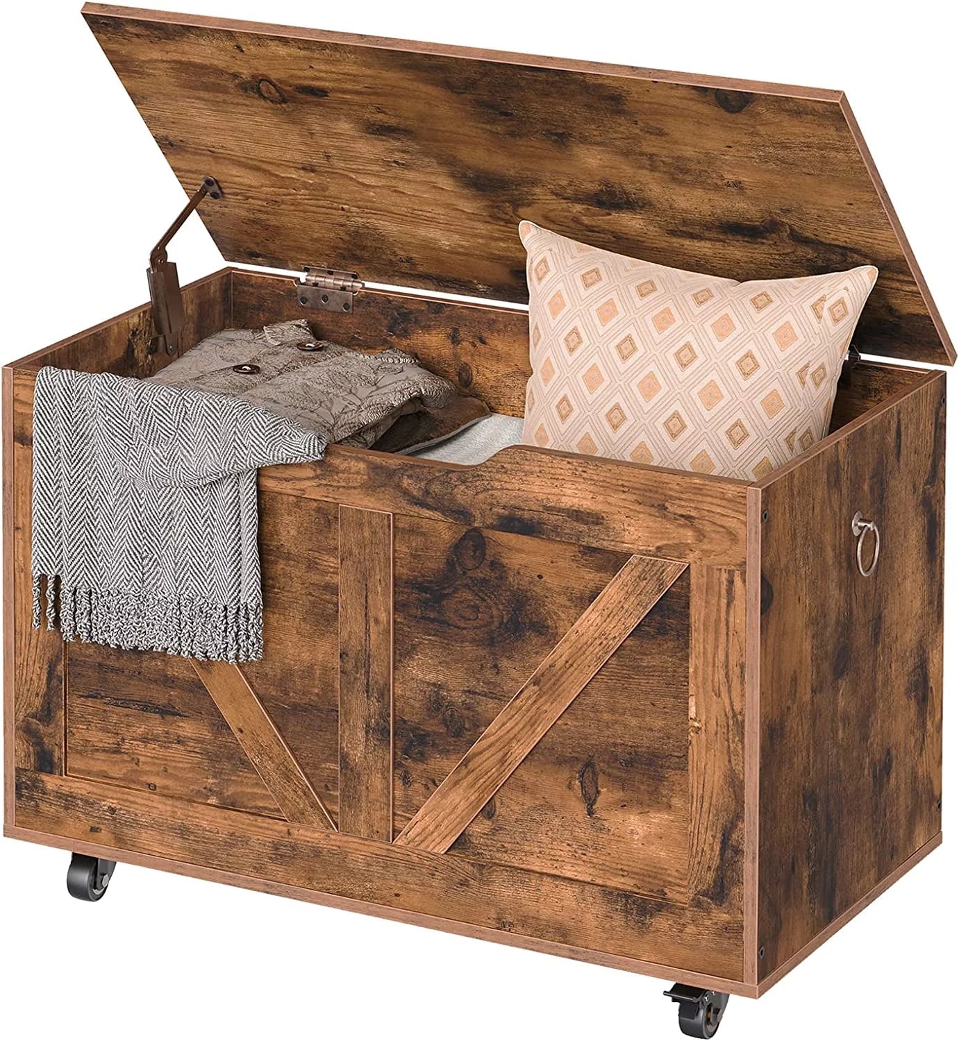 220 Rustic Trunk Brown Bench, Chest, Storage Wooden Hinge, Supports Shoe Opening, U-Shaped Easy Storage Sturdy FG74CW01 Wheels, Movable, Bench Bench, lb, Entryway Assembly, Storage on Safety