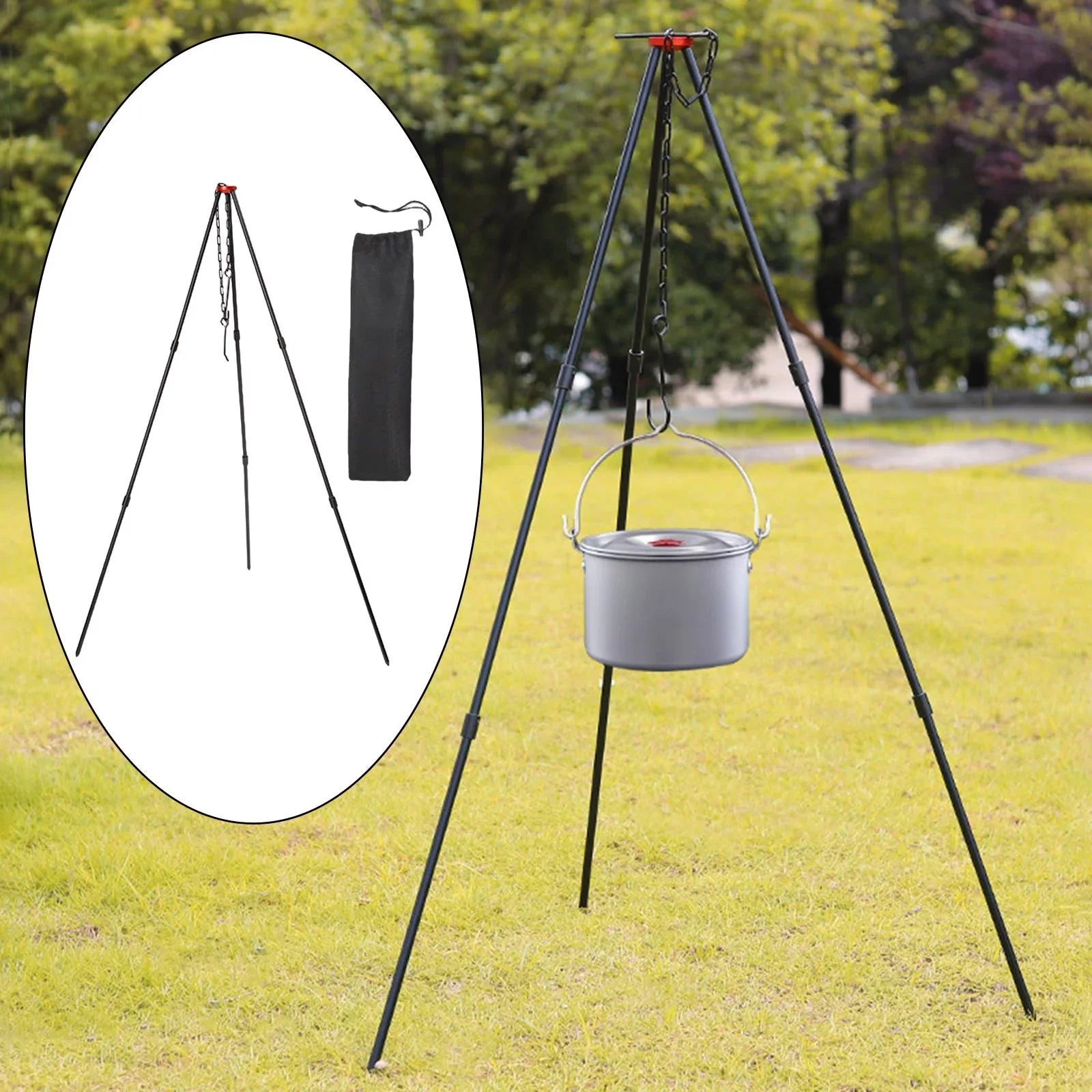 ing Cookware with Outdoor Stand Tripod , Adjustable Portable Cooking Aluminum Campfire Grill Accessory Tripod, Pot Picnic Camping Black