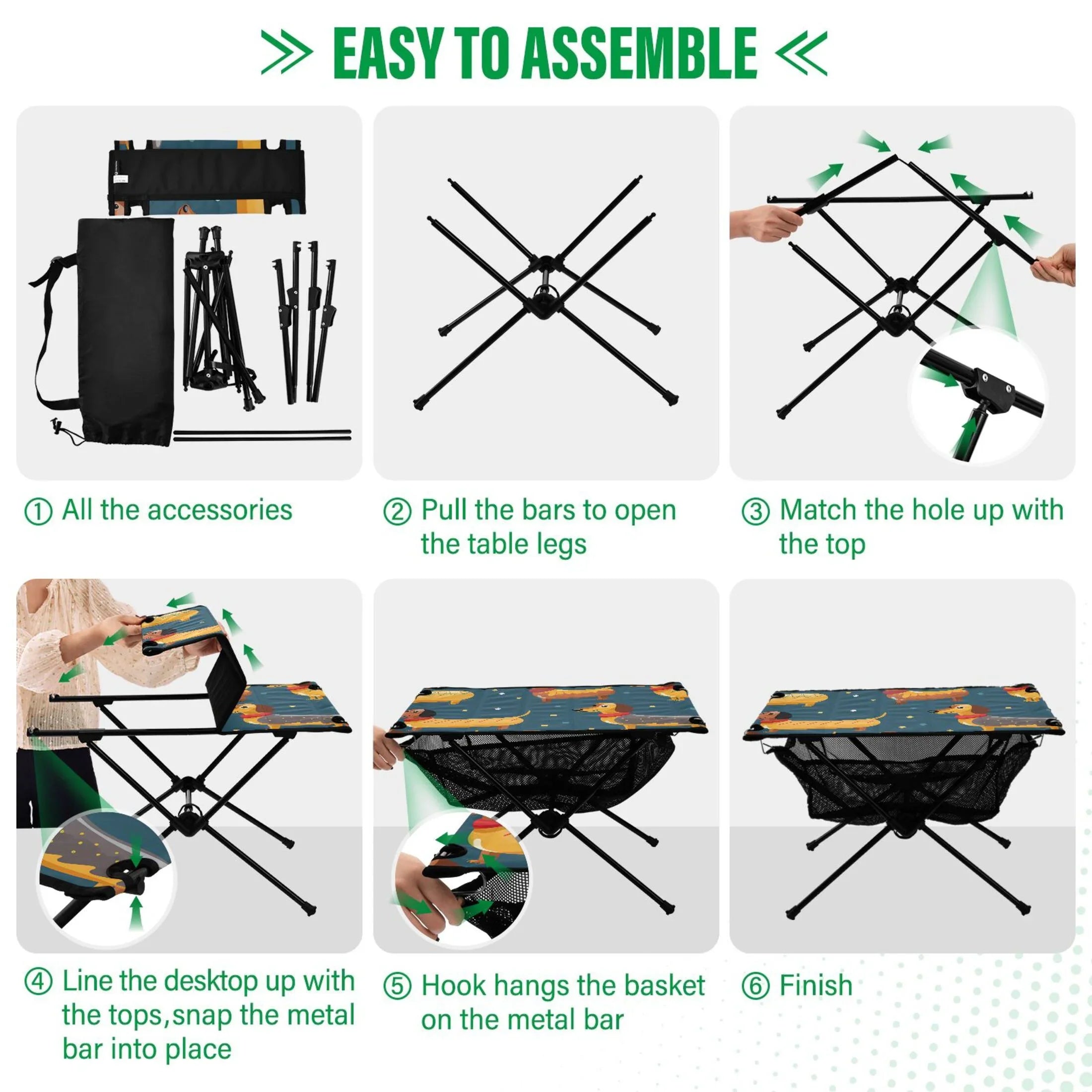 Fishing Camping Table Compact Cartoon Travel Table Dogs Table Outdoor Beach with Storage Portable Picnic Dachshund for Folding BBQ Bag
