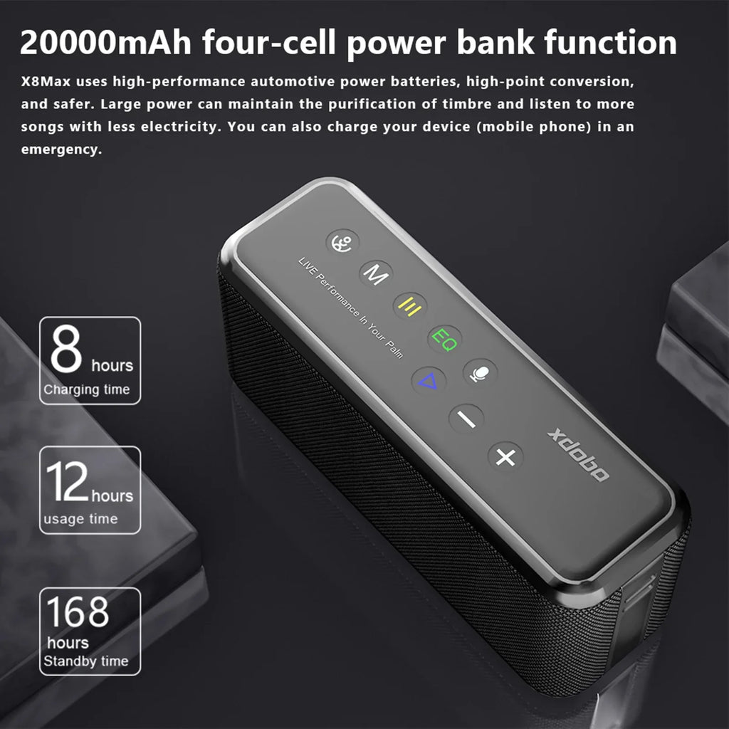 Features, MAX Technology TF X8 and Drive Waterproof Flash with - Speaker USB Sound, Portable HiFi Anself XDOBO Support, Long Speaker BT5.0 Portable Card Playtime Subwoofer Wireless IPX5 AUX
