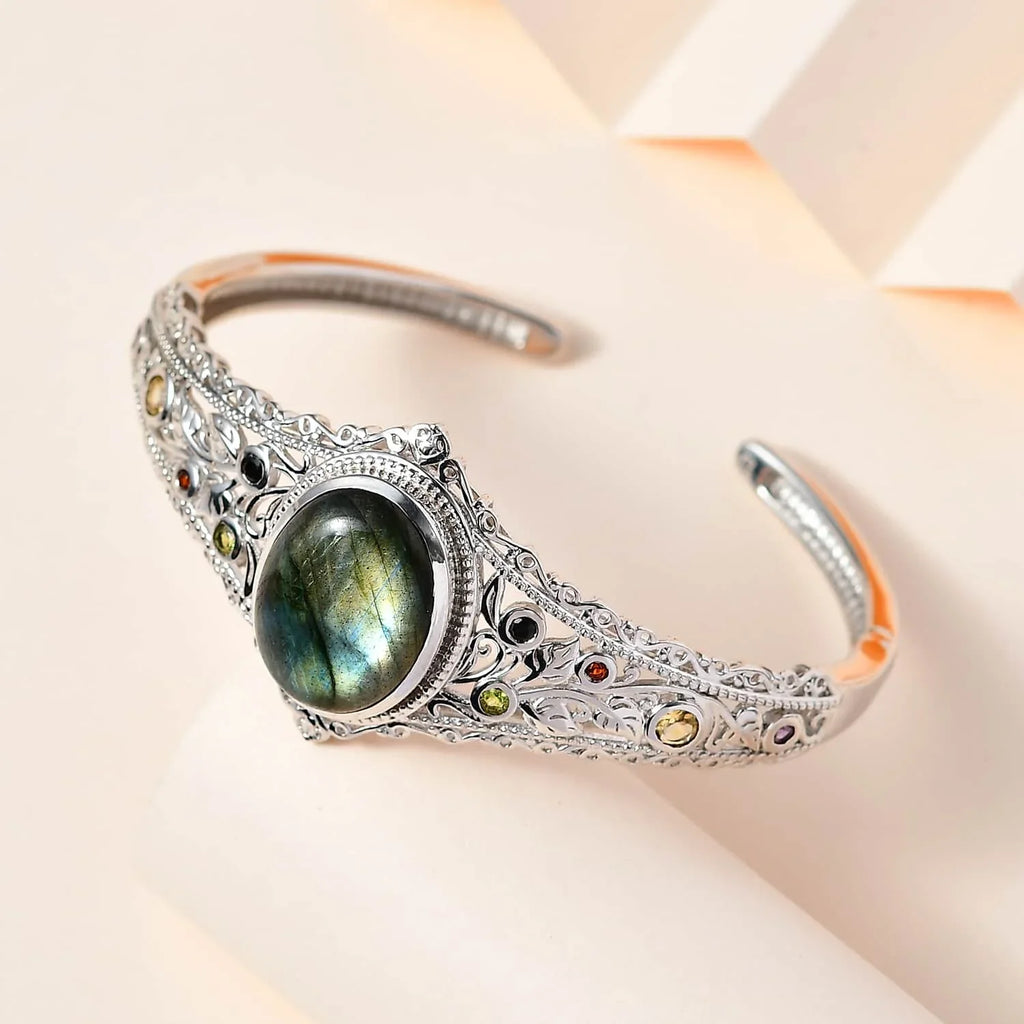 Mothers LC Platinum for 15.05 Mom Jewelry Day 7.25" Plated Ct Shop Labradorite Multi Bangle Bracelet Gifts for Women Size Gemstone Birthday Cuff Oval