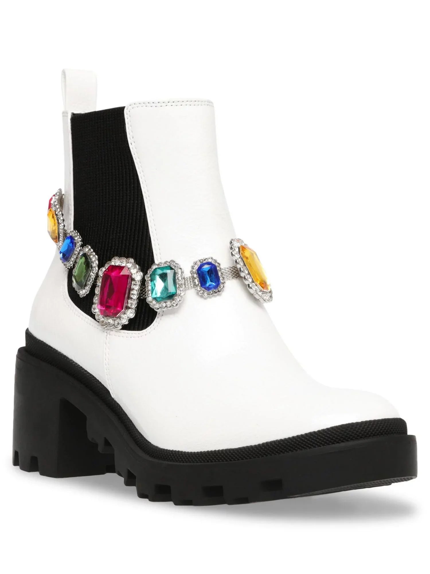 Heel Jenesis Moto White BETSEY Gem Round 1" Goring 7 Pull JOHNSON Tab M Platform Strap Block Padded Accent Toe Womens