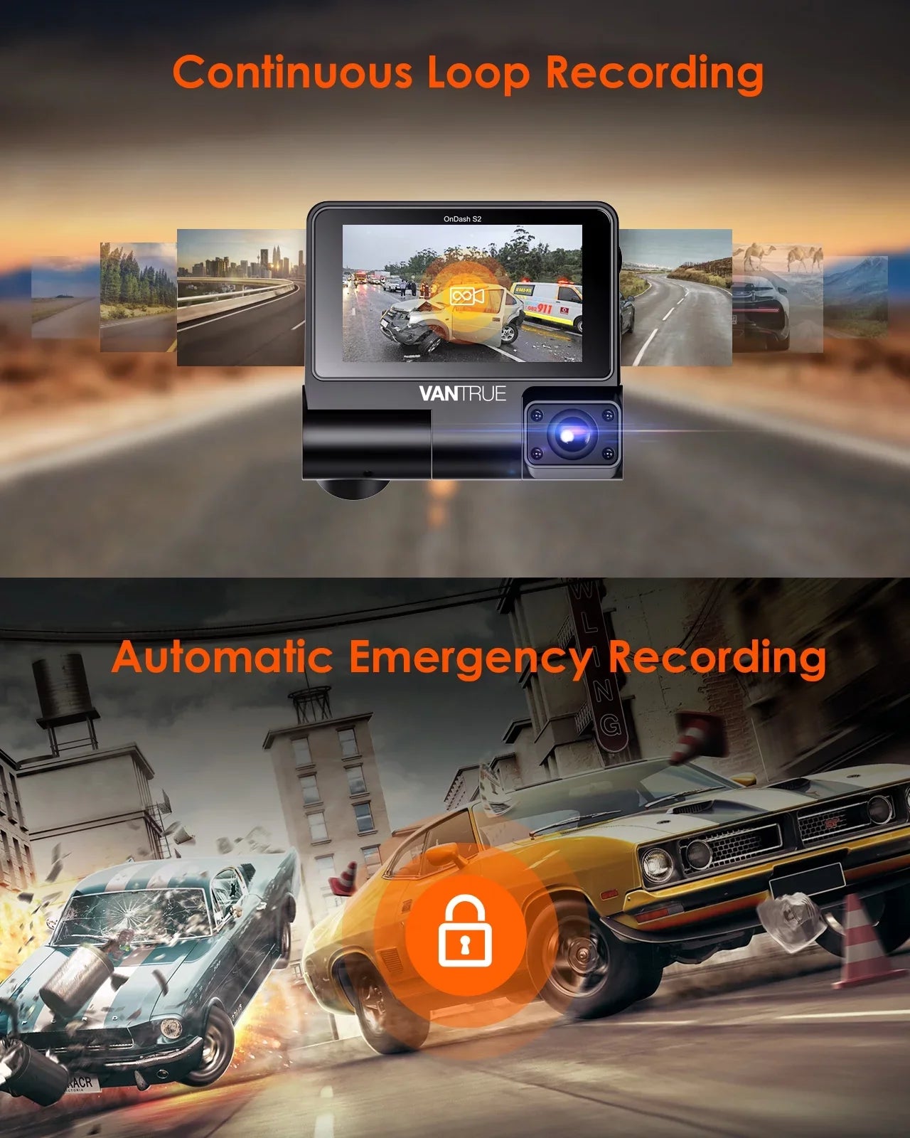 Screen Touchable IPS Monitor, 2K Cam, with Front+1080P 24h Channel 360° Car GPS Vantrue Interior Supercapacitor Dash Wide WiFi 30FPS built Rear 3 Camera in, inch Nearly +1080P S2 3 Angle, Parking