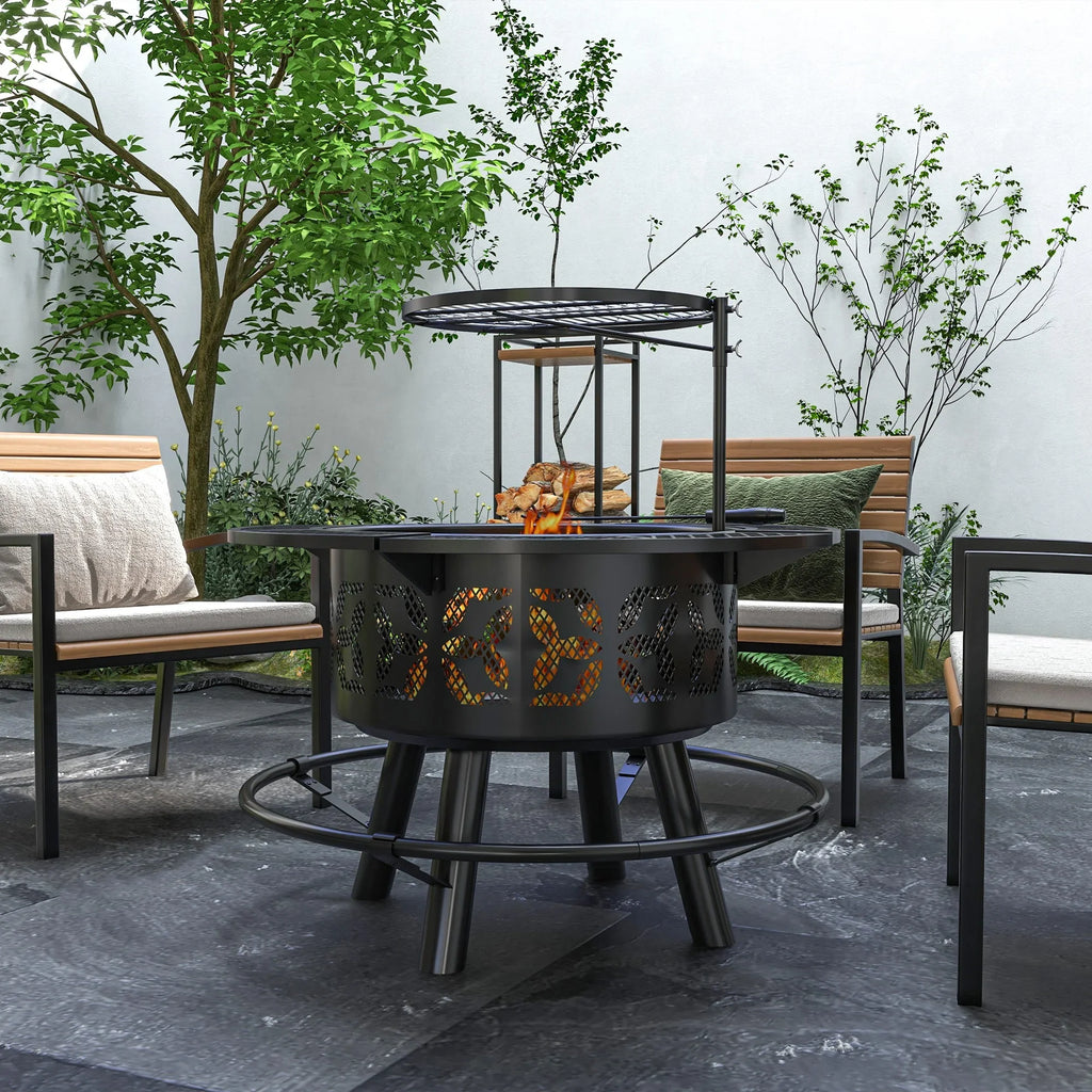 for Burning Cooking Outdoor with Round, Poker, 33" Grill Black Backyard, Grate BBQ Picnic, Fire and Wood Adjustable Capri Firepit Pit Patio,