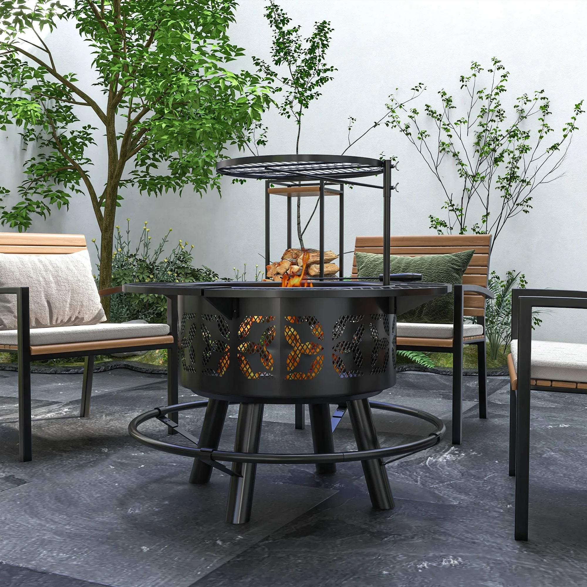 for Burning Cooking Outdoor with Round, Poker, 33" Grill Black Backyard, Grate BBQ Picnic, Fire and Wood Adjustable Capri Firepit Pit Patio,