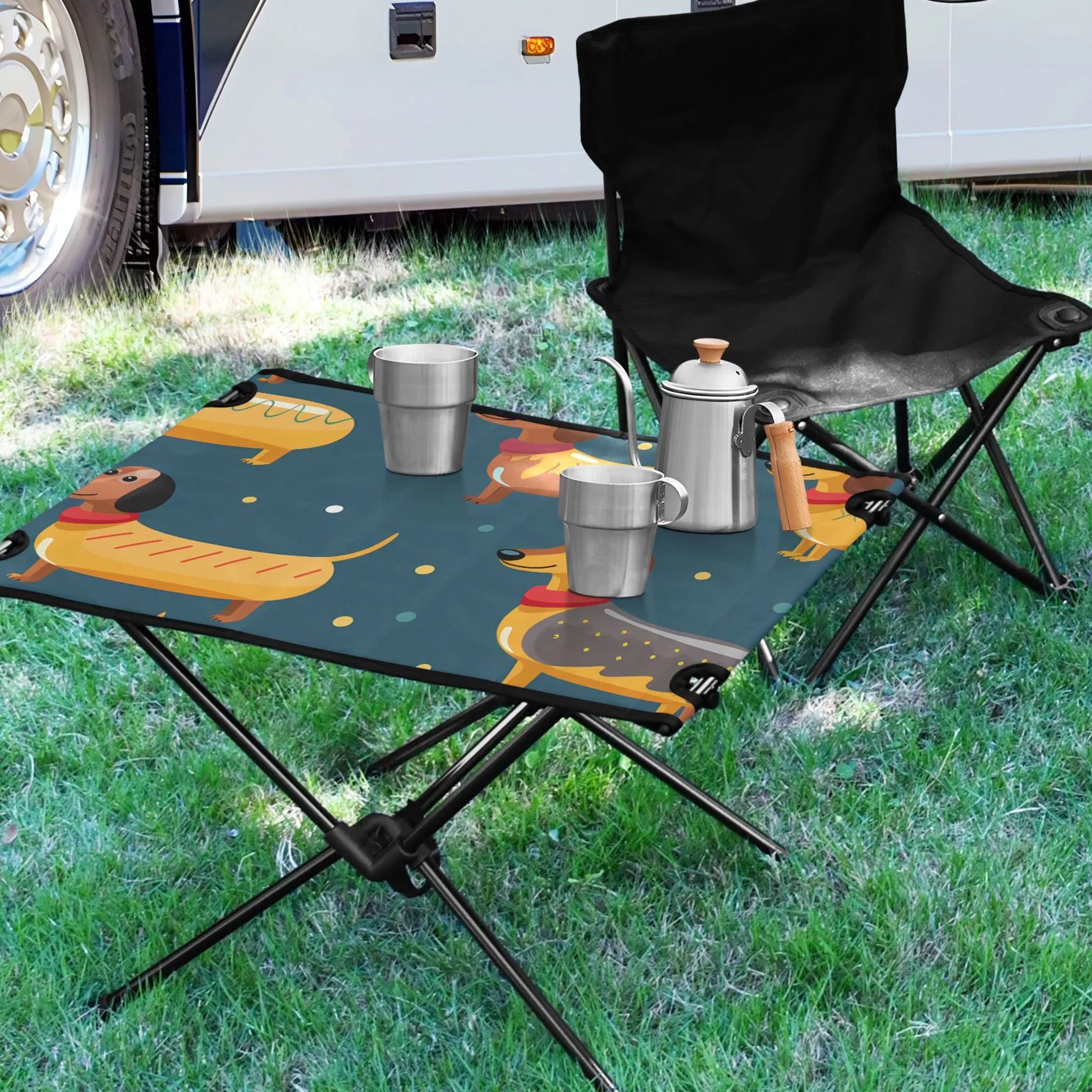 Fishing Camping Table Compact Cartoon Travel Table Dogs Table Outdoor Beach with Storage Portable Picnic Dachshund for Folding BBQ Bag