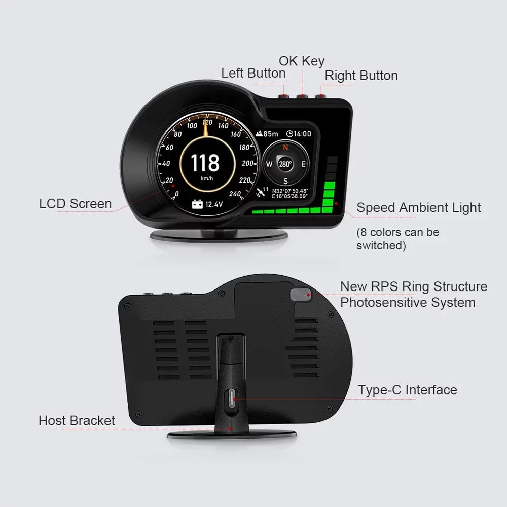 Navigation, Test, with Up Head Andoer Overspeed Brake Alarm, Car Dual System GPS Display Speed/Clock/RPM,