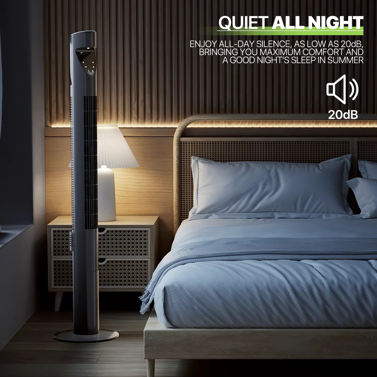Noise LED Bladeless w/Remote 3-Speeds & 47"Oscillating Tower USA Fan Fan Low