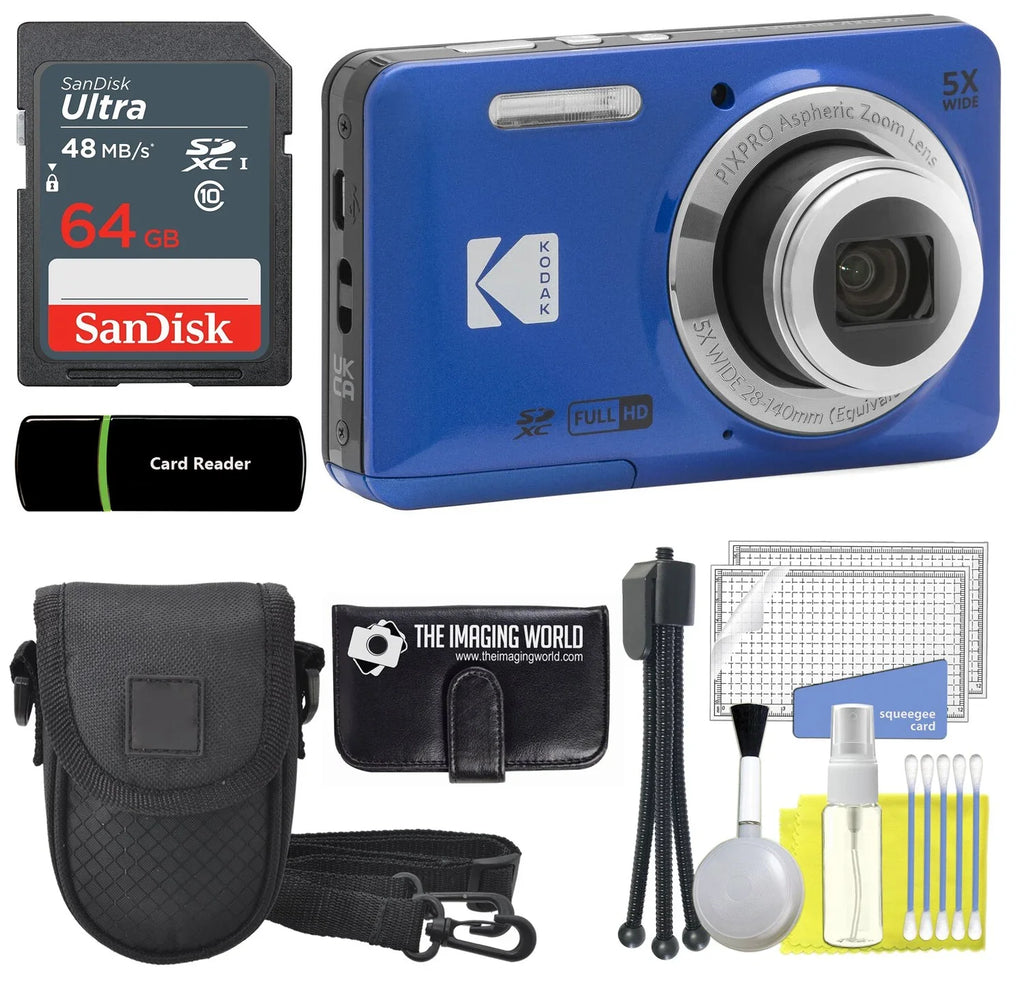 Digital + + Angle Wallet PIXPRO Reader Camera HD and + 28mm Full 16MP Card Cleaning 1080P + LCD Camera Memory Zoom 2.7" Blue 64GB Wide Kodak FZ55 Optical 5X Tripod Video Case Bundle +