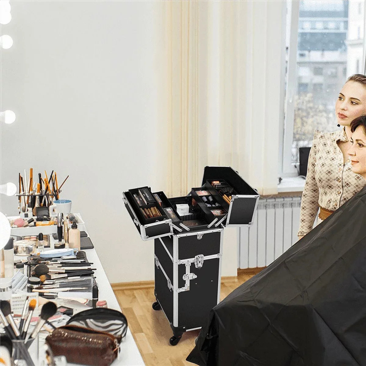 Rolling Makeup Professional 3-in-1 Easyfashion Case, Black Cosmetic