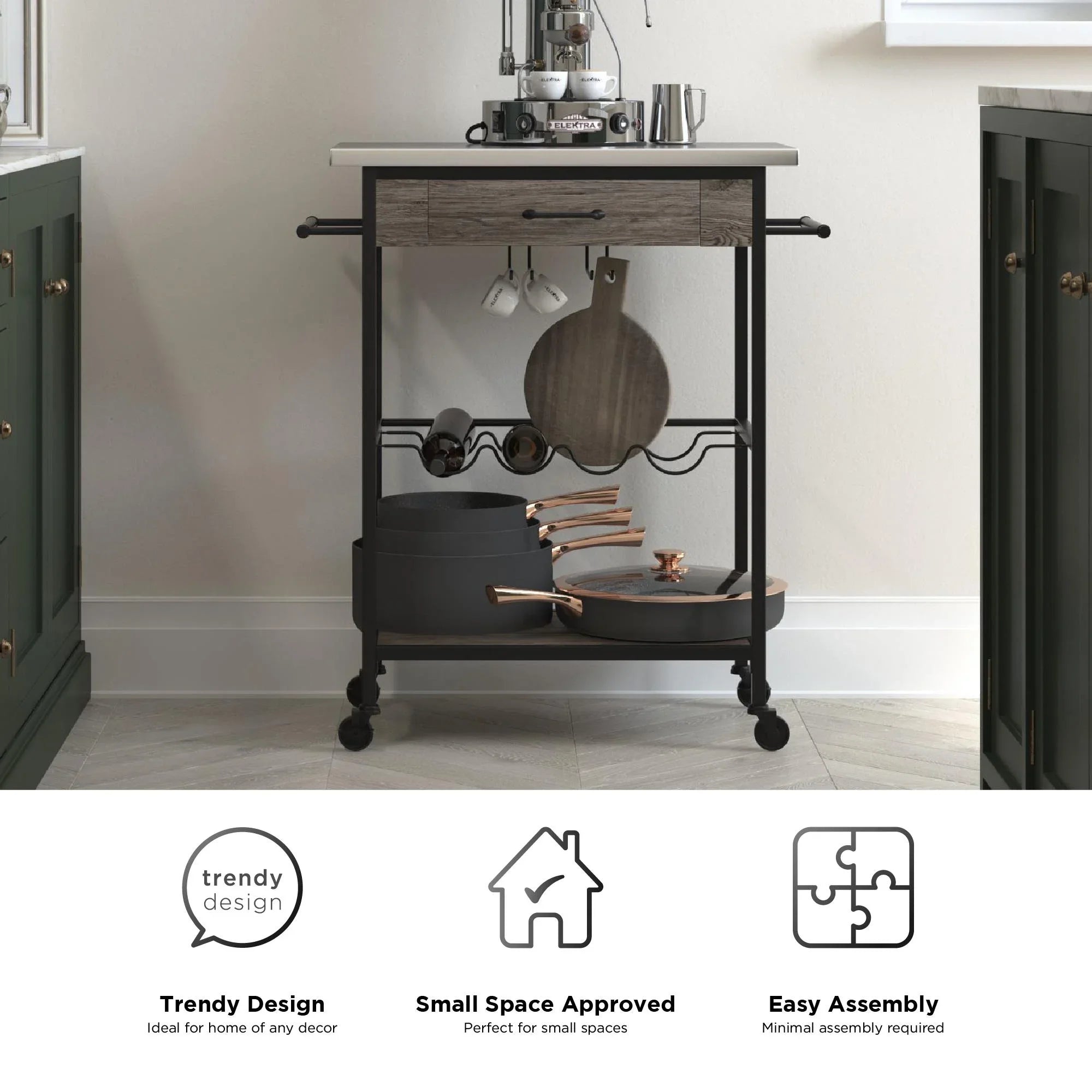Black Multifunctional Storage, Kitchen Rack Metal, Steel Cart, Stainless and Nora Novogratz and Brown Wine Pantry